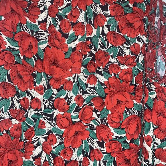 ZARA Red Flowers Green Leaves Blouse Shirt Long Sleeve Cold Shoulder Ruffles S - Picture 4 of 11